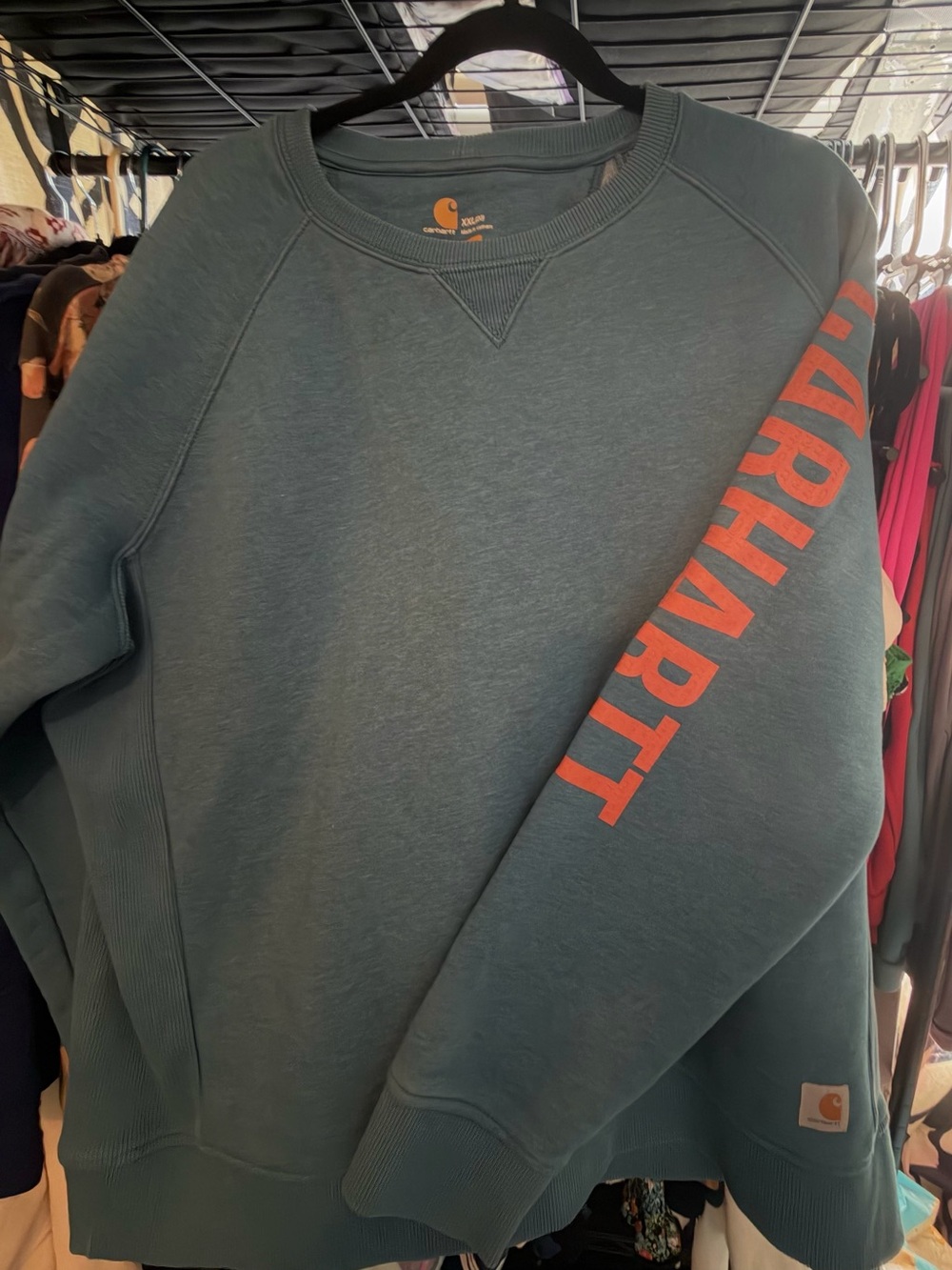 Carhartt Relaxed Fit Teal Crewneck Sweatshirt with Orange Sleeve Logo